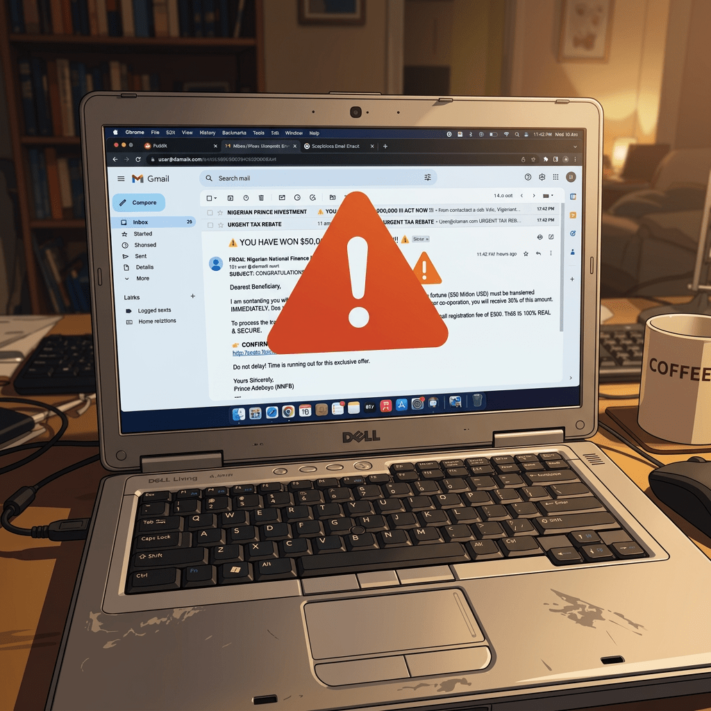 Laptop screen displaying a Gmail inbox with scam emails about a $50 million prize
